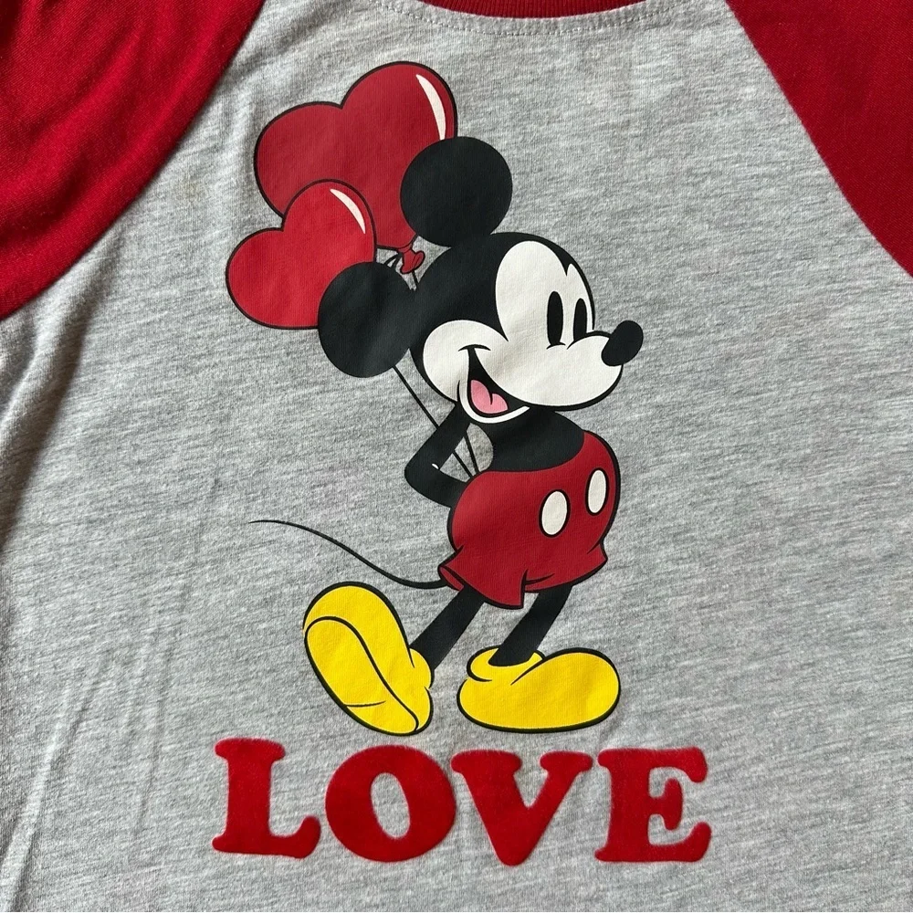 Disney Junior Gray and Red Mickey Mouse Baseball Style Shirt with Flocked Love